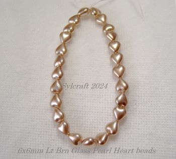 (image for) 6x6mm Light Brown Tan Glass Pearl Heart Beads